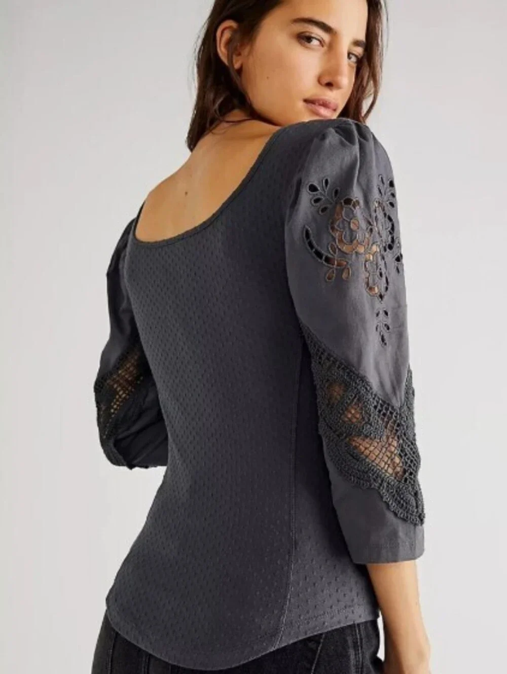 Free People Brunch Date Metal Stiletto Crop Gray Henley - Size - Small